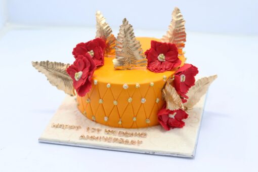 Golden Leaves With Red Flower Birthday Cake