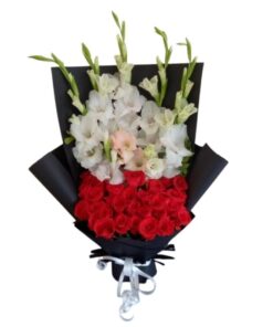 Red Roses With White Gladiolus