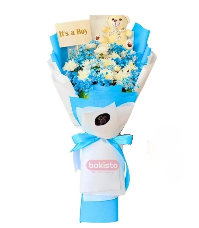 Baby Boy Flower & Teddy Celebration Bouquet