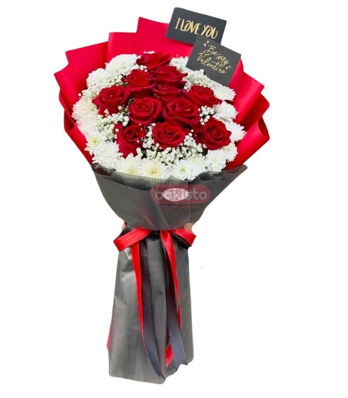Romantic Red Roses Bouquet with White Fillers