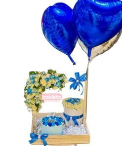 Blue Elegance Celebration Gift Hamper with Cake & Flowers