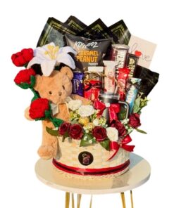 Luxury Teddy & Chocolate Gift Basket with Fresh Flowers